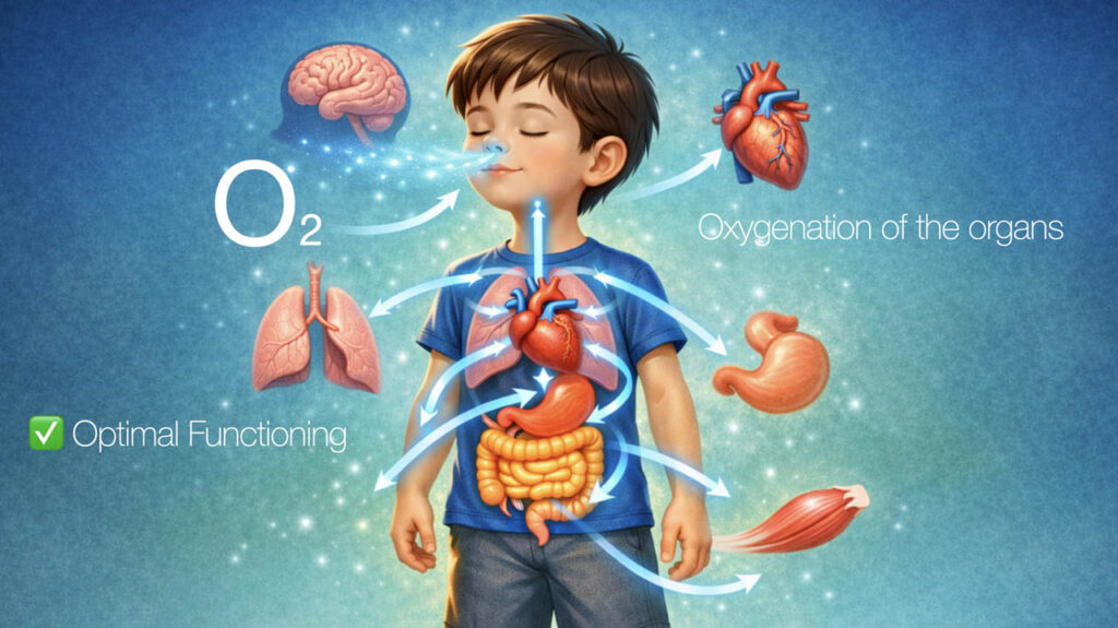 Infographic: nasal breathing improves oxygen delivery to a child's organs